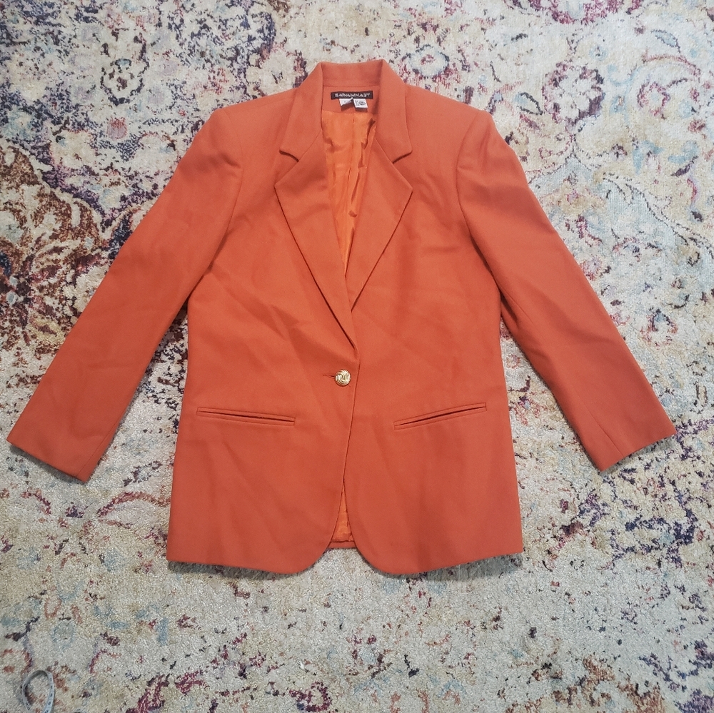 Vintage 100% Wool Pumpkin Orange Blazer Lined Single Button Size 6
